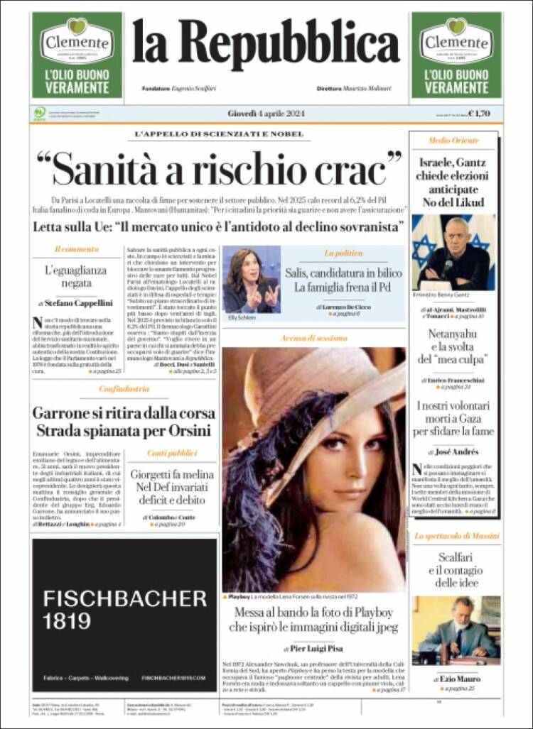 Portada de La Repubblica (Italia)