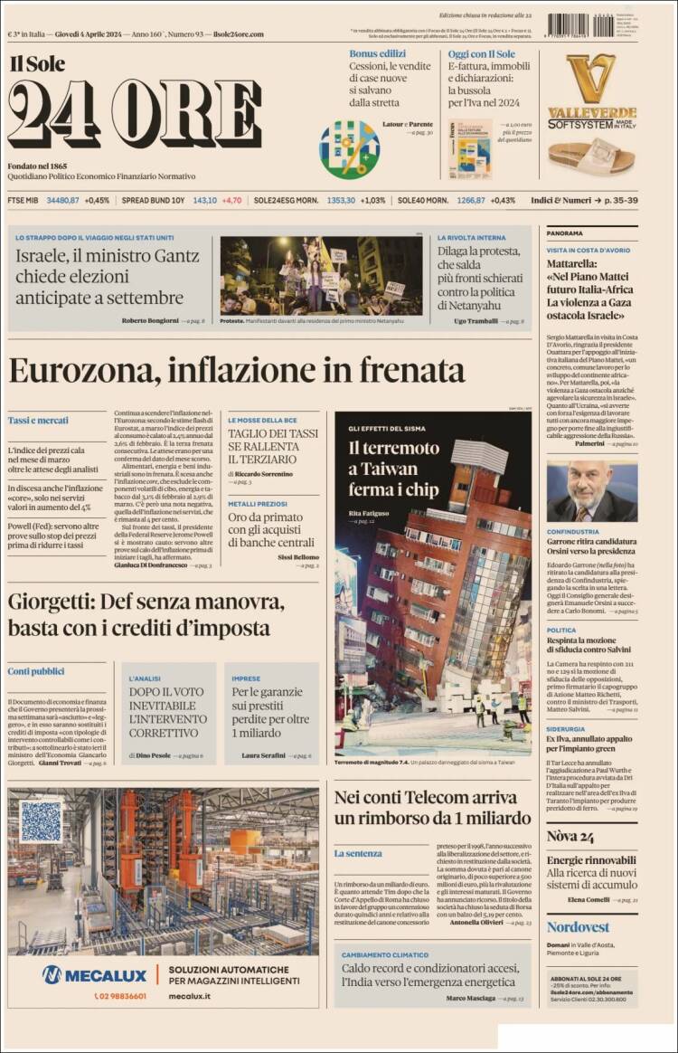 Portada de Il Sole 24 ORE (Italia)