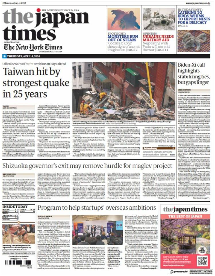 Portada de The Japan Times (Jap&oacute;n)