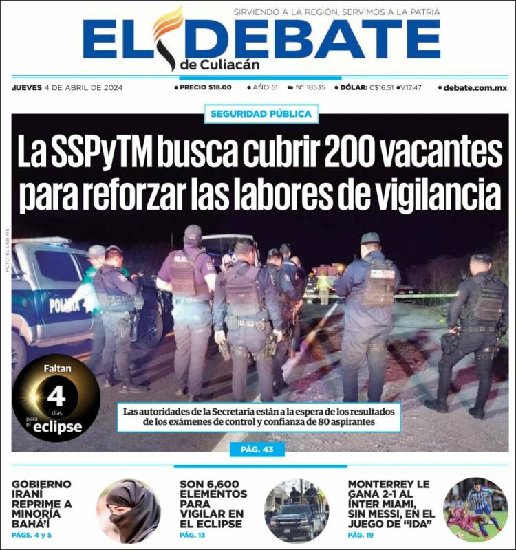 Portada de El Debate de Culiacán (M&eacute;xico)