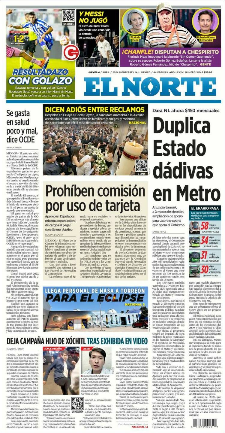 Portada de El Norte (M&eacute;xico)