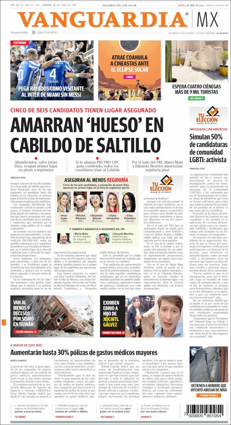 Portada de Vanguardia (M&eacute;xico)