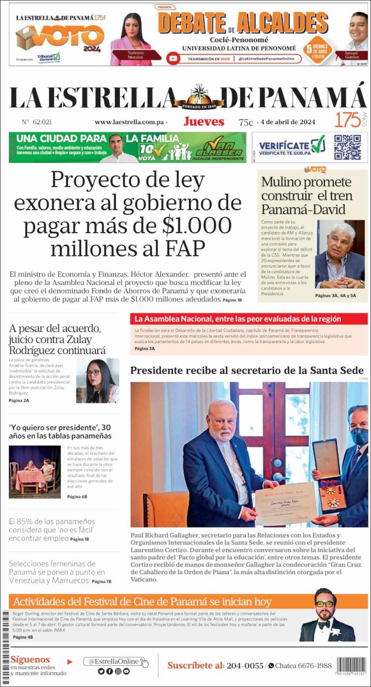 Portada de La Estrella de Panamá (Panam&aacute;)