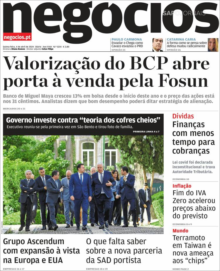 Portada de Jornal de Negócios (Portugal)