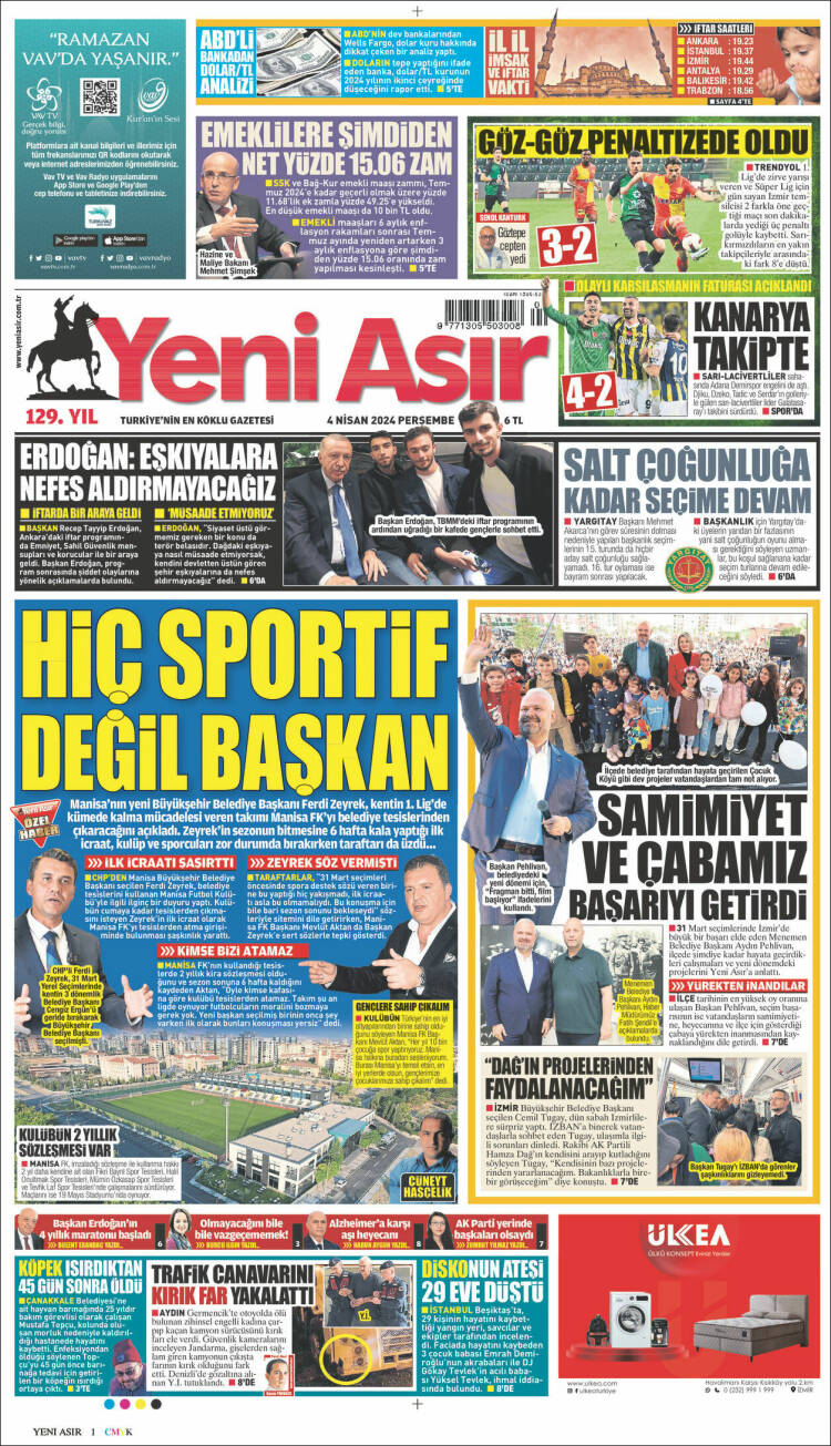 Portada de Yeni Asır (Turqu&iacute;a)