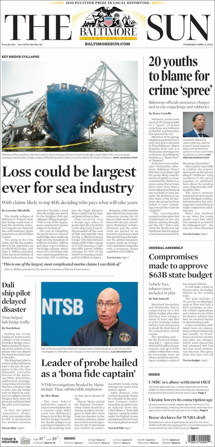Portada de The Baltimore Sun (USA)