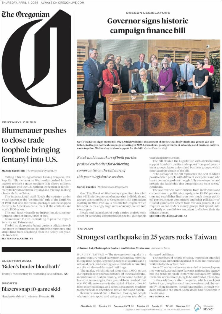 Portada de The Oregonian (USA)
