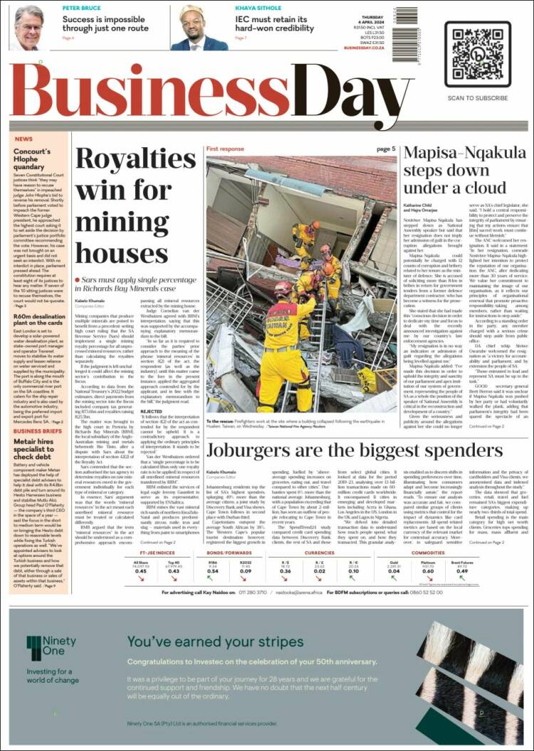 Portada de Business Day (Sud&aacute;frica)