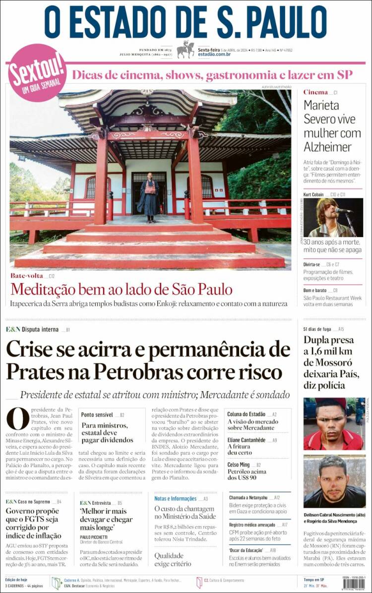 Portada de O Estado de São Paulo (Brasil)