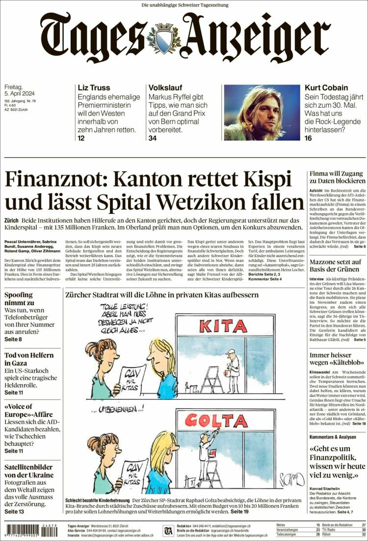 Portada de Tages-Anzeiger (Suiza)
