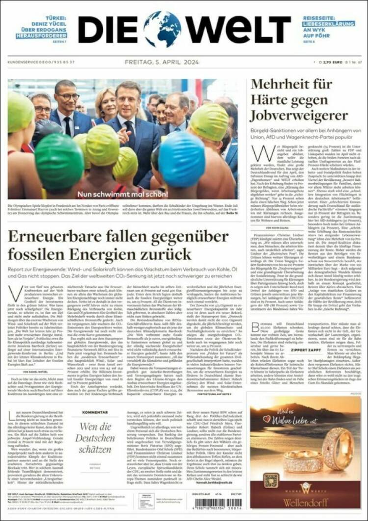 Portada de Die Welt (Alemania)