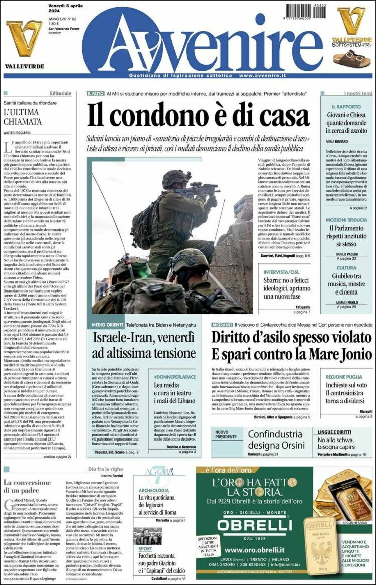 Portada de Avvenire (Italia)