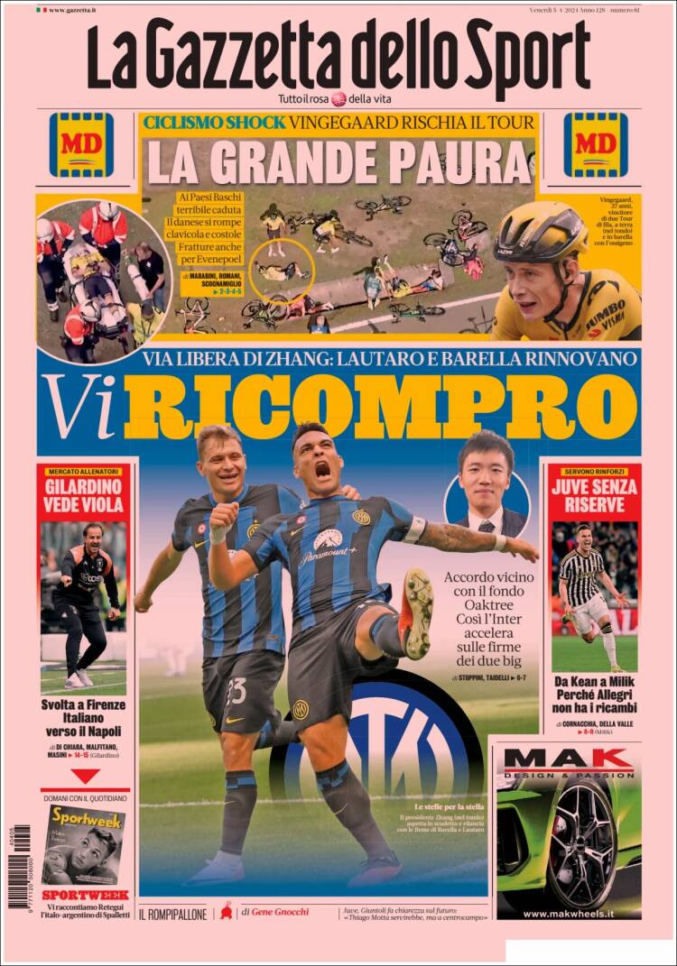 Portada de La Gazzetta dello Sport (Italia)