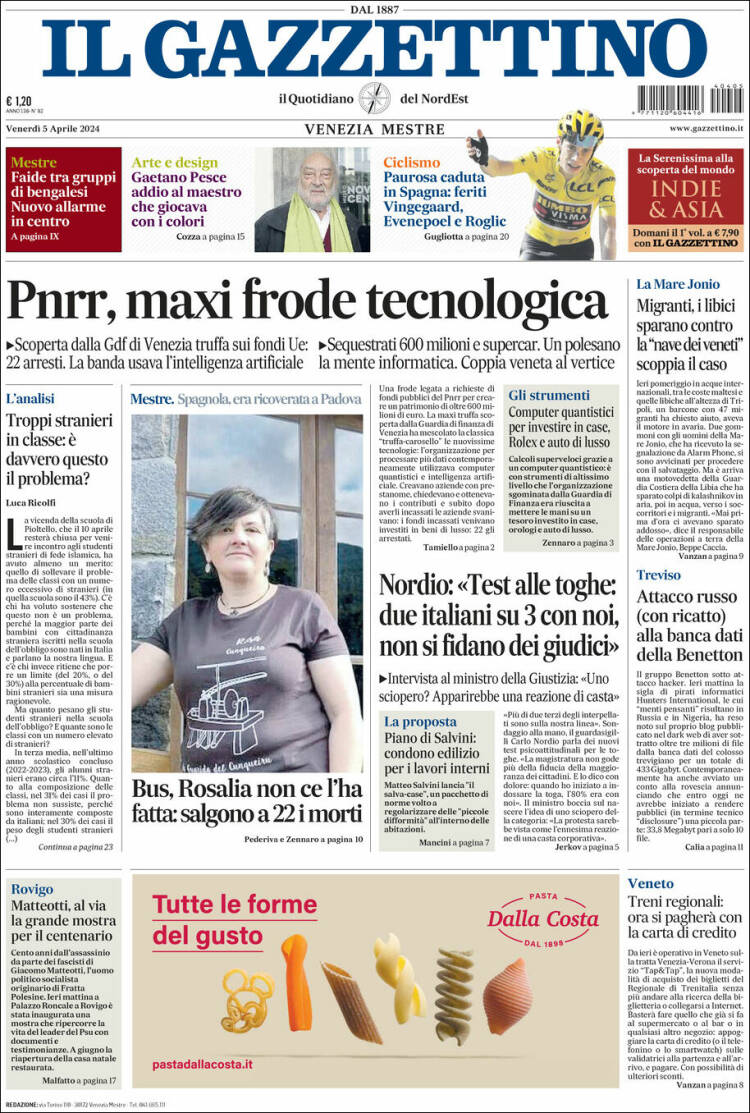 Portada de Il Gazzettino (Italia)
