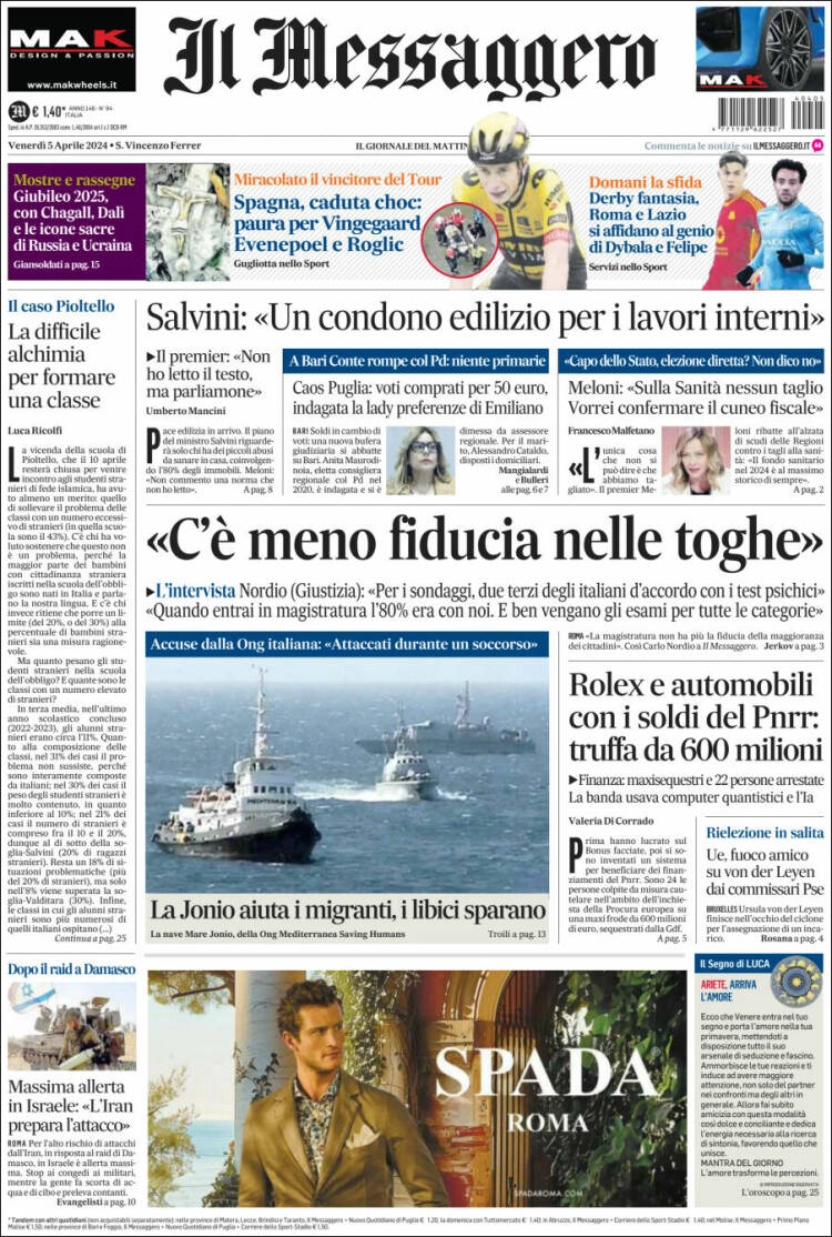 Portada de Il Messaggero (Italia)