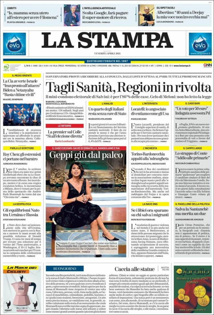 Portada de La Stampa (Italia)