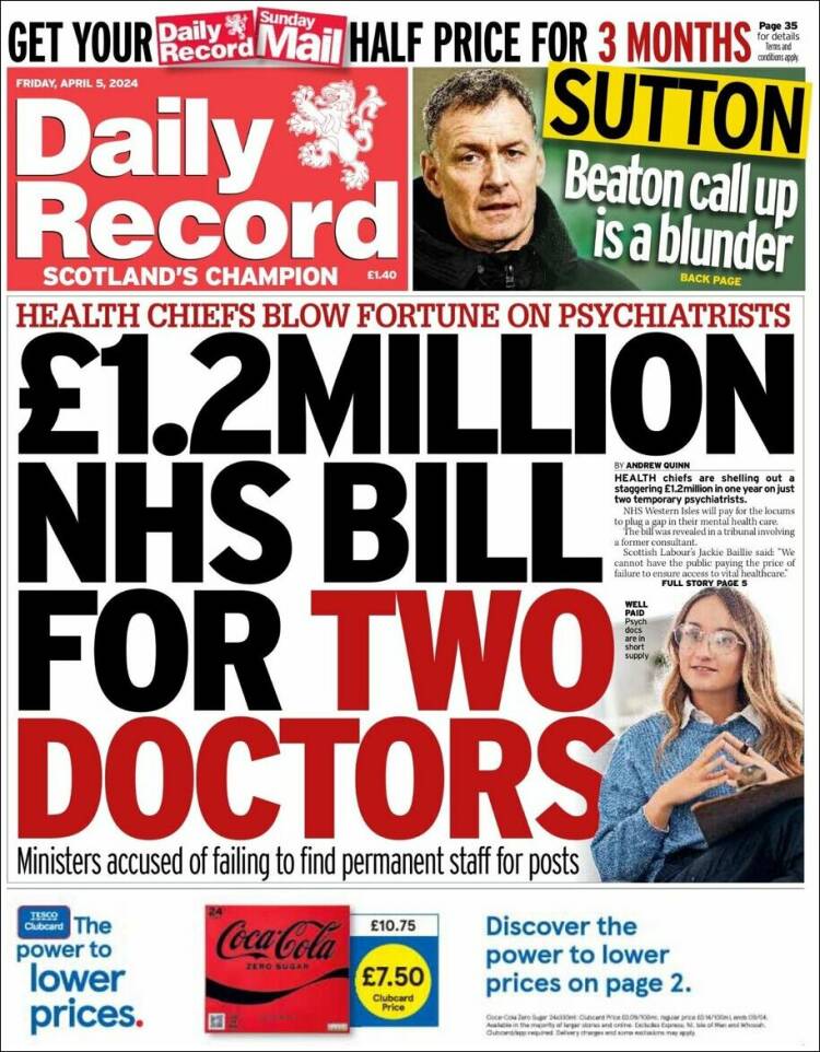 Portada de Daily Record (Reino Unido)