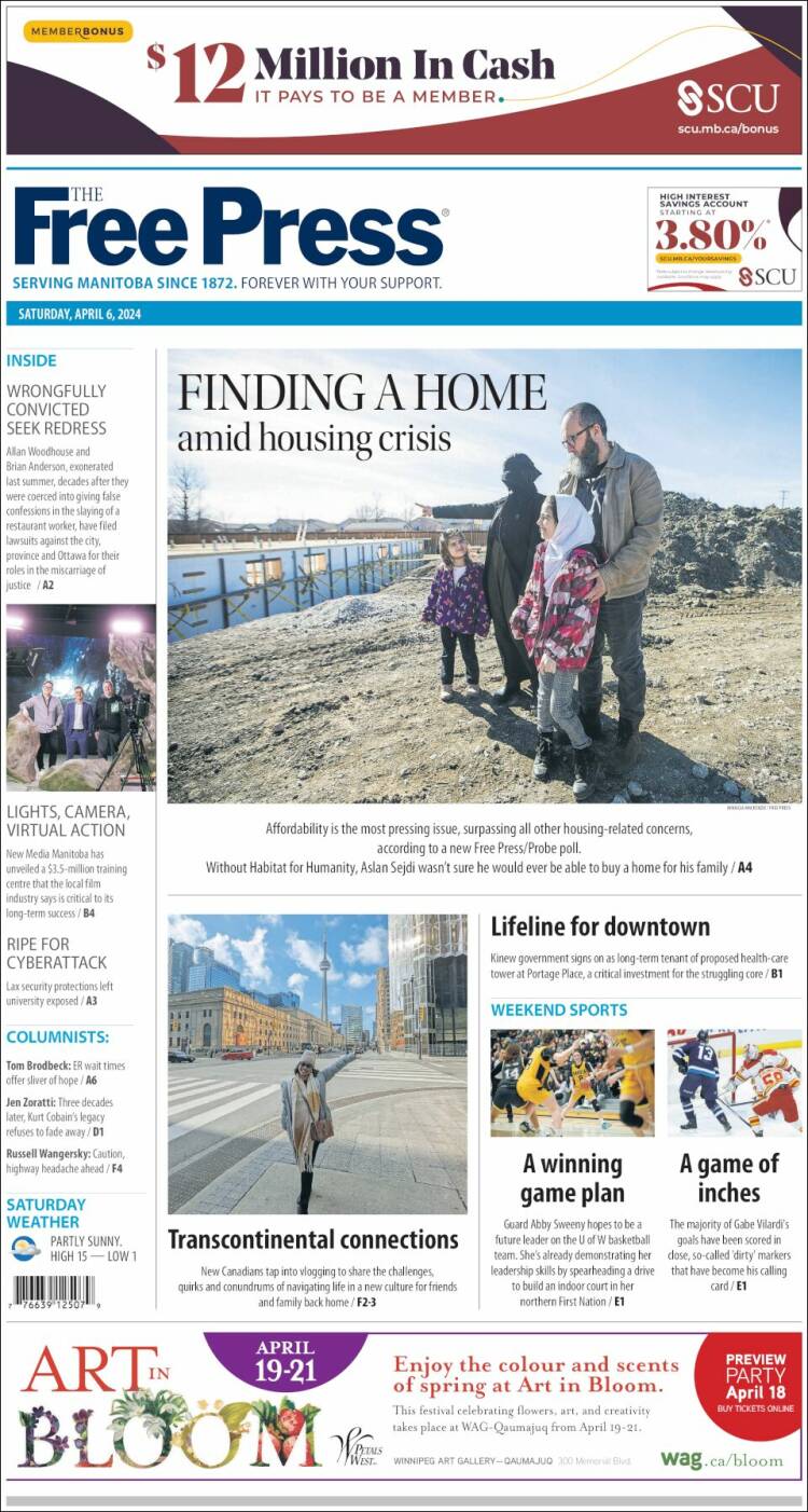 Portada de Winnipeg Free Press (Canadá)