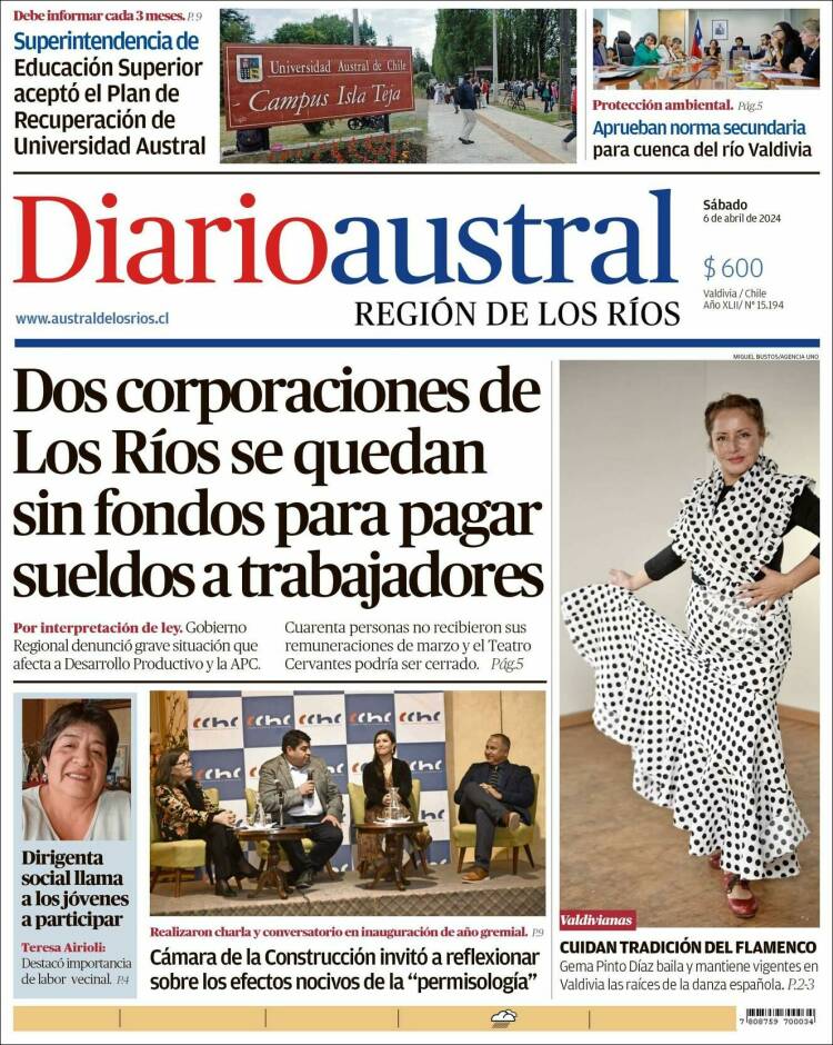 Portada de El Diario Austral de Valdivia (Chile)