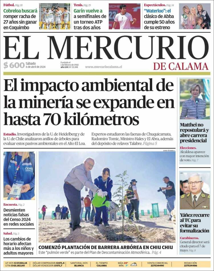 Portada de El Mercurio - Calama (Chile)