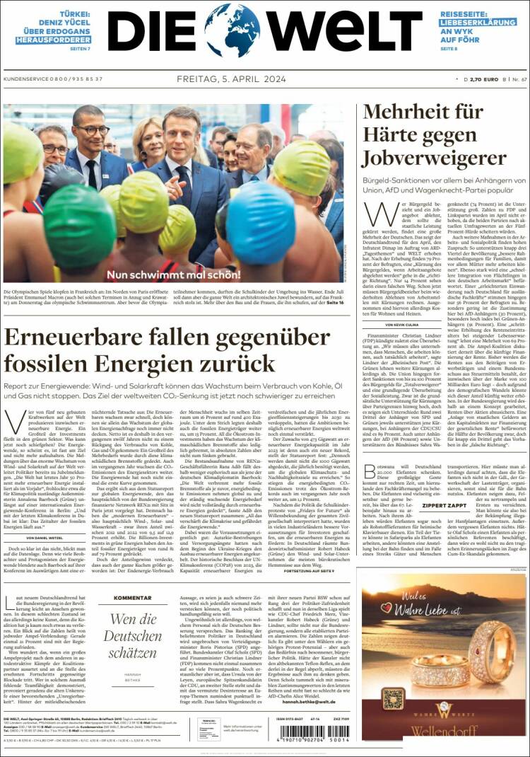 Portada de Die Welt (Alemania)