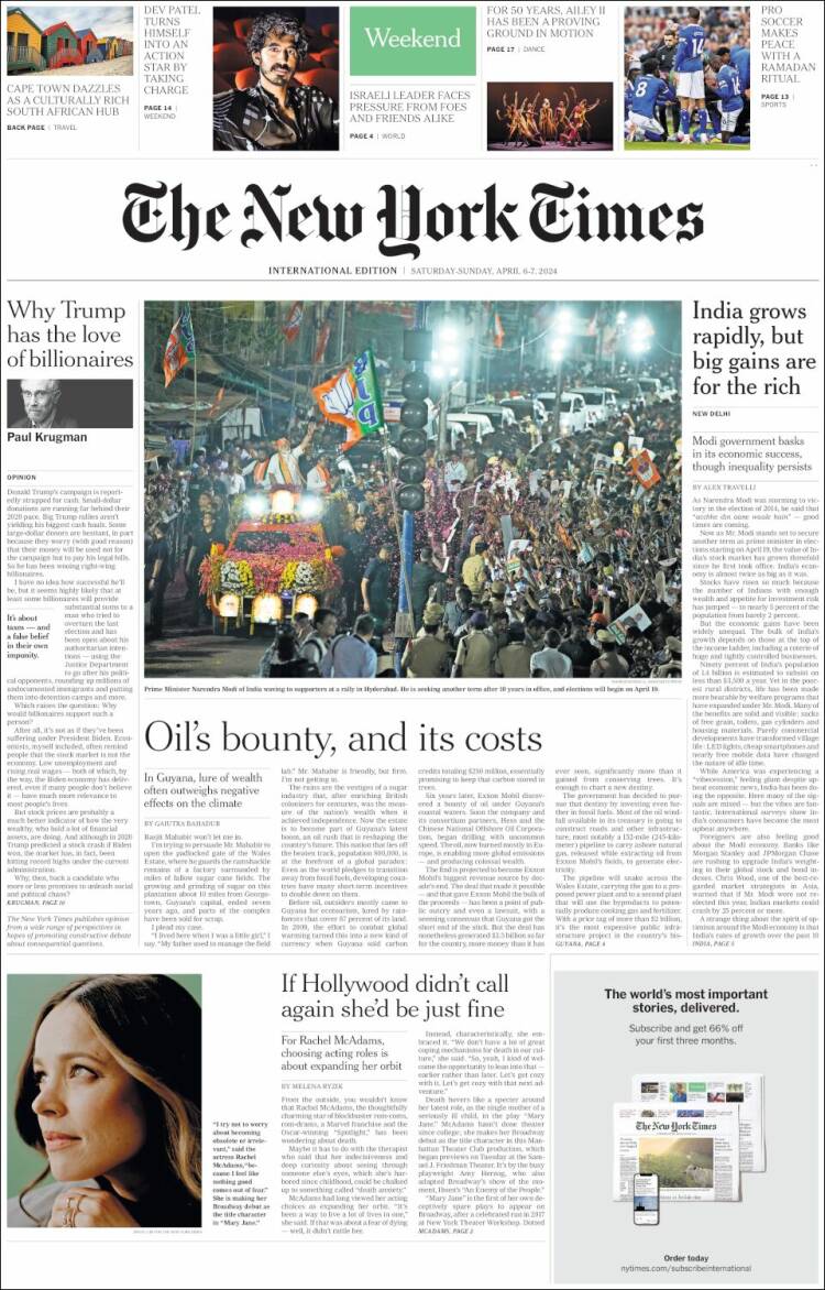 Portada de International New York Times (Europa)