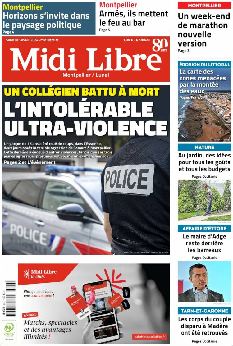 Portada de Midi Libre (Francia)