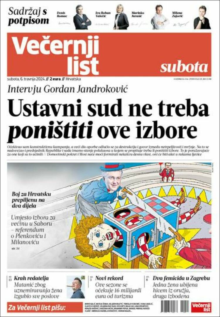 Portada de Večernji (Croacia)
