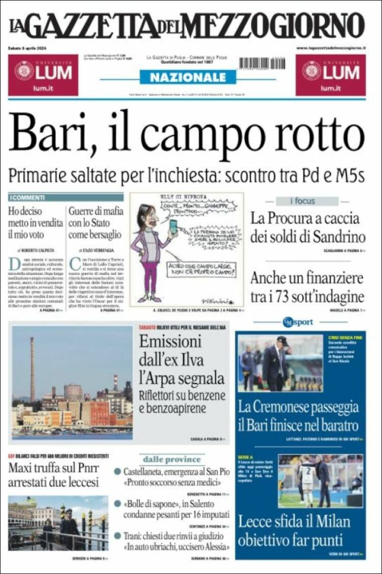 Portada de La Gazzetta del Mezzogiorno (Italia)