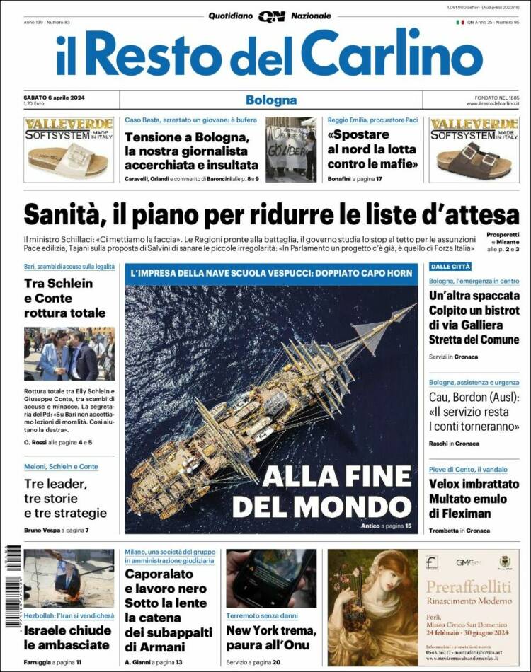 Portada de Il Resto del Carlino (Italia)