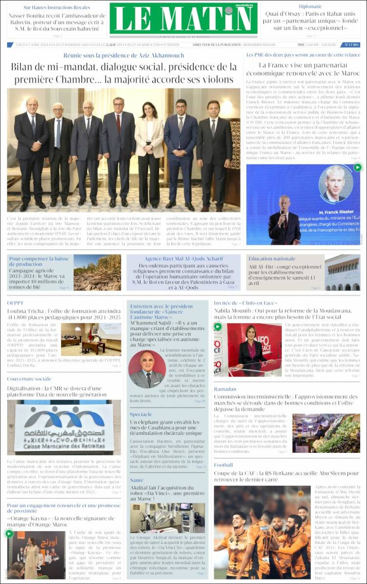 Portada de Le Matin (Marruecos)