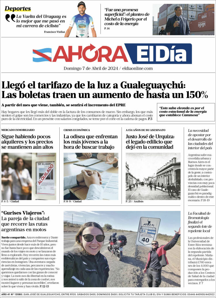 Portada de El Día de Gualeguaychú (Argentina)