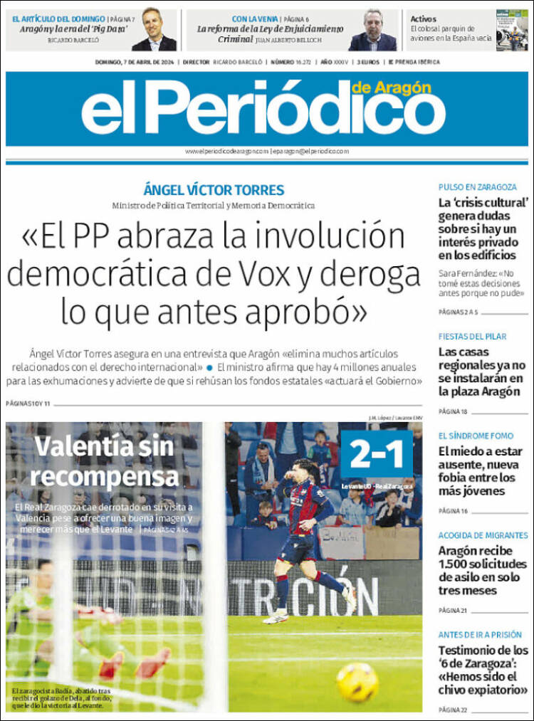 Portada de El Periódico de Aragón (España)