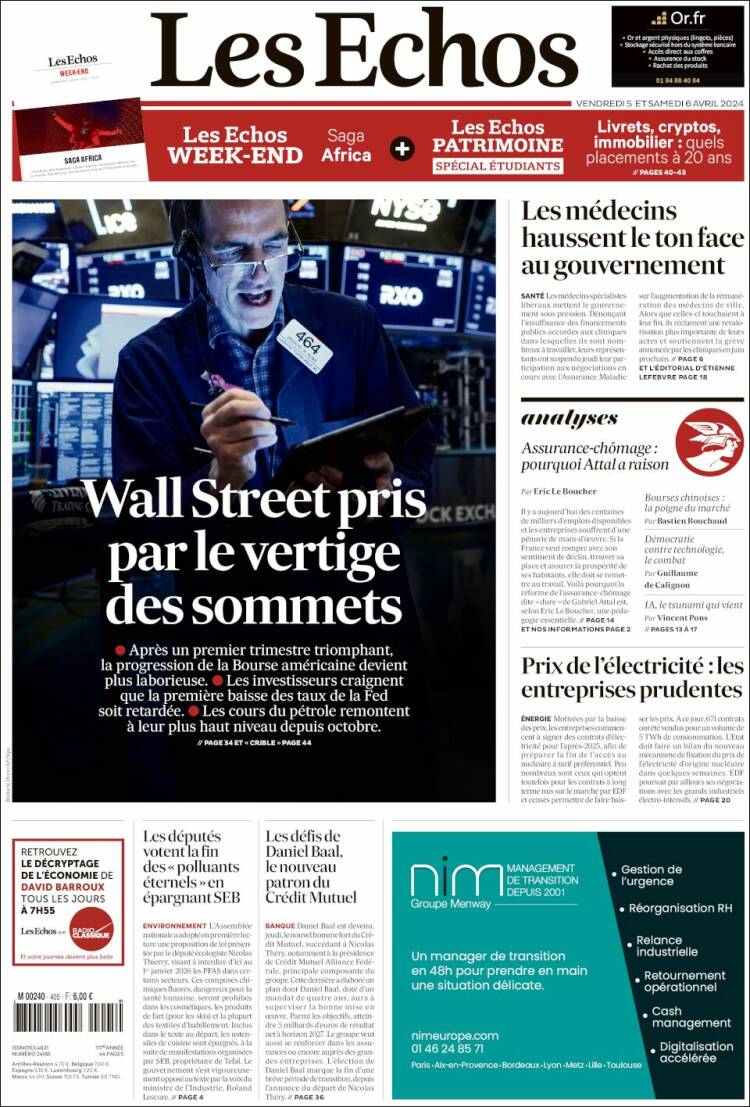 Portada de Les Echos (Francia)