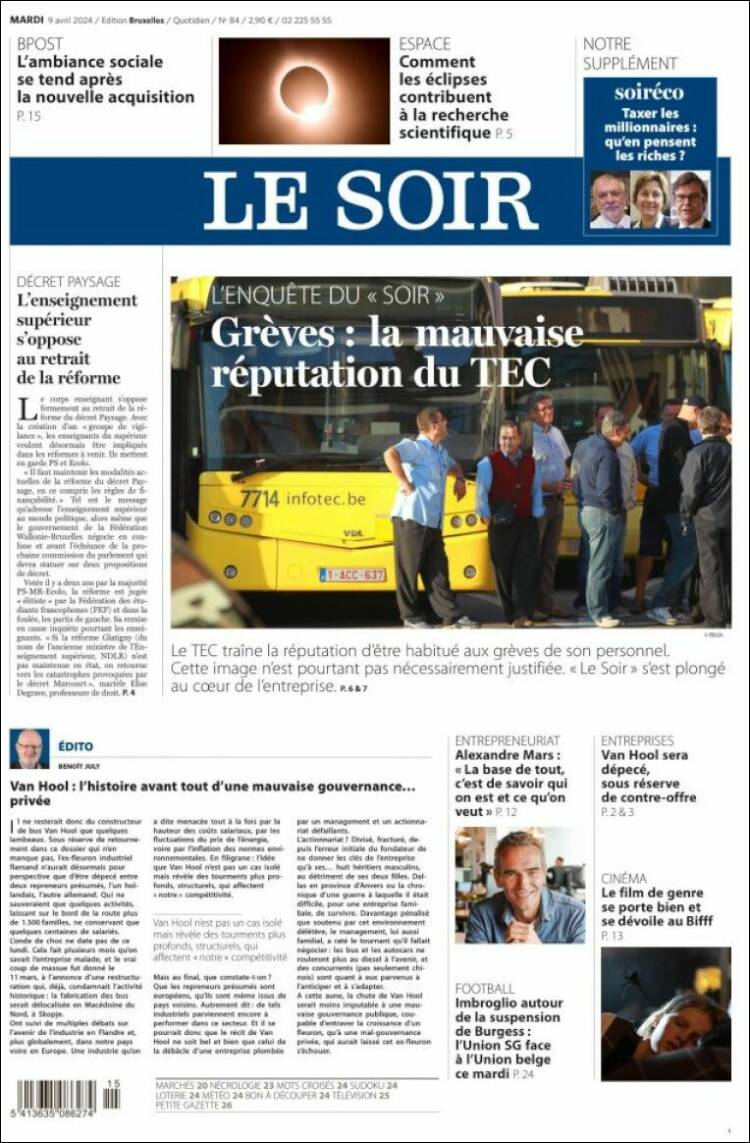 Portada de Le Soir (B&eacute;lgica)