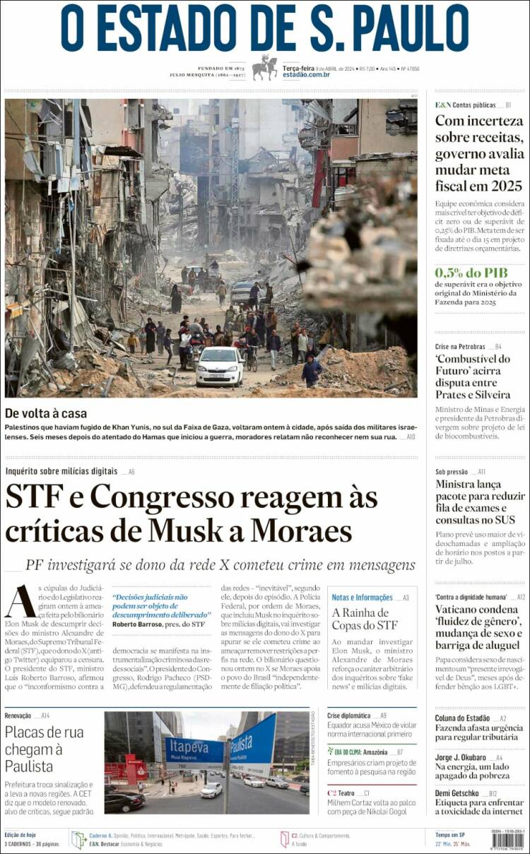 Portada de O Estado de São Paulo (Brasil)