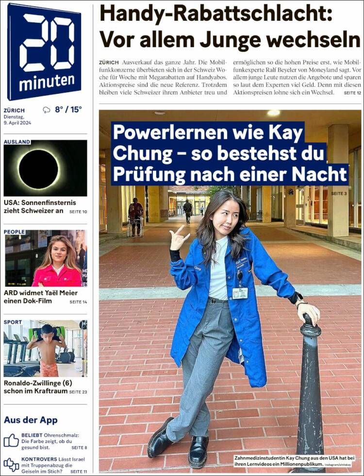 Portada de 20Minuten - Zürich (Suiza)