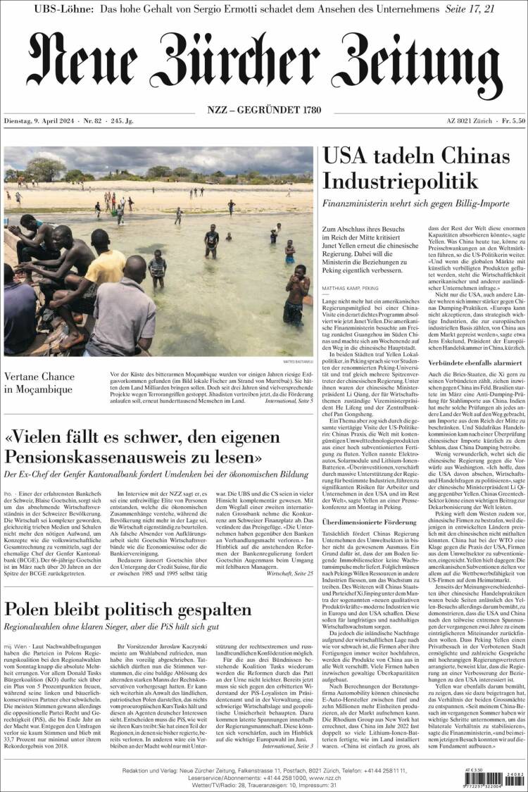 Portada de Neue Zürcher Zeitung (Suiza)
