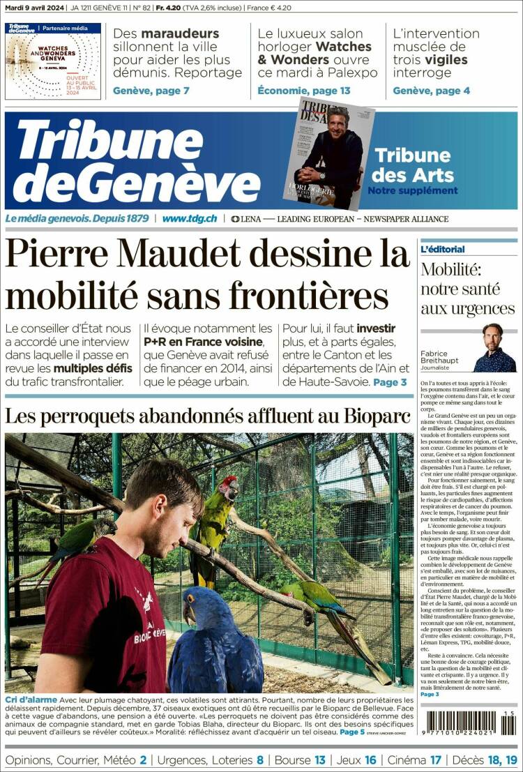 Portada de La Tribune de Genève (Suiza)