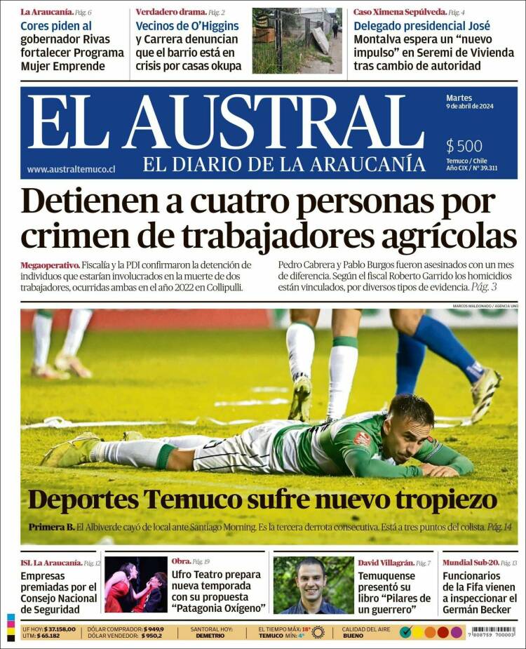 Portada de El Austral de Temuco (Chile)