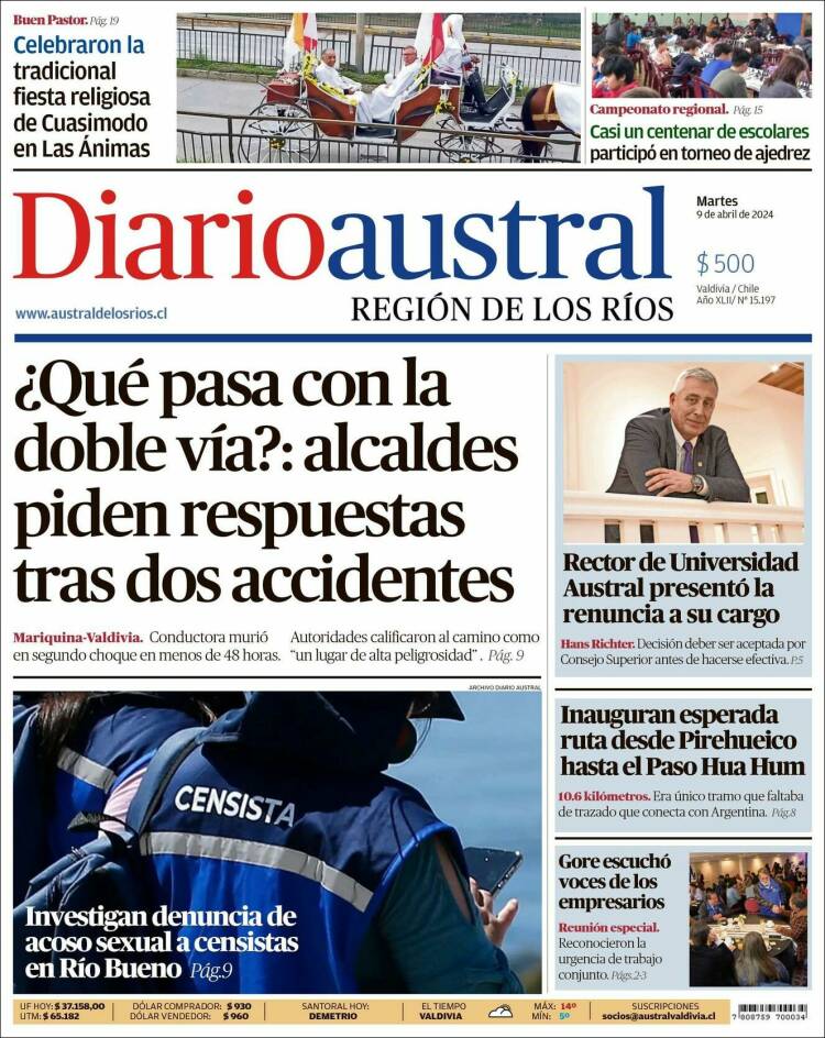 Portada de El Diario Austral de Valdivia (Chile)