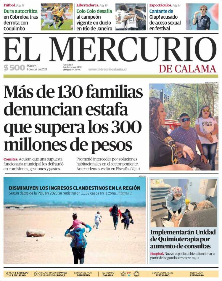 Portada de El Mercurio - Calama (Chile)