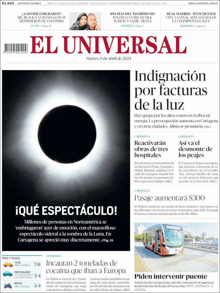 Portada de El Universal (Colombia)