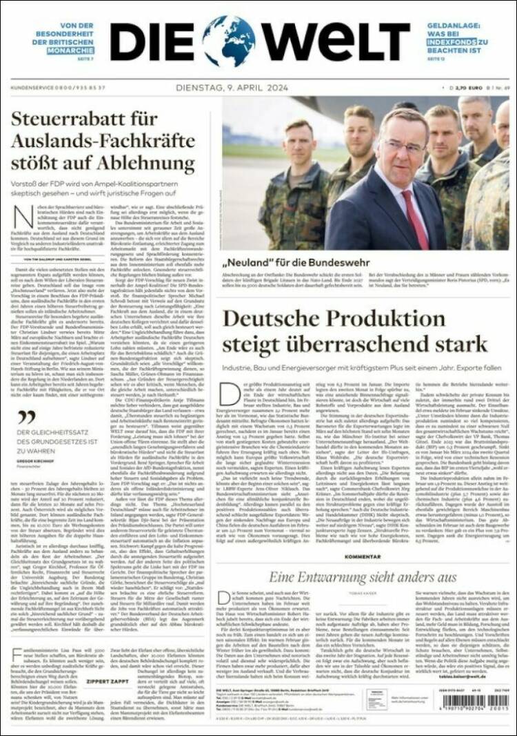 Portada de Die Welt (Alemania)