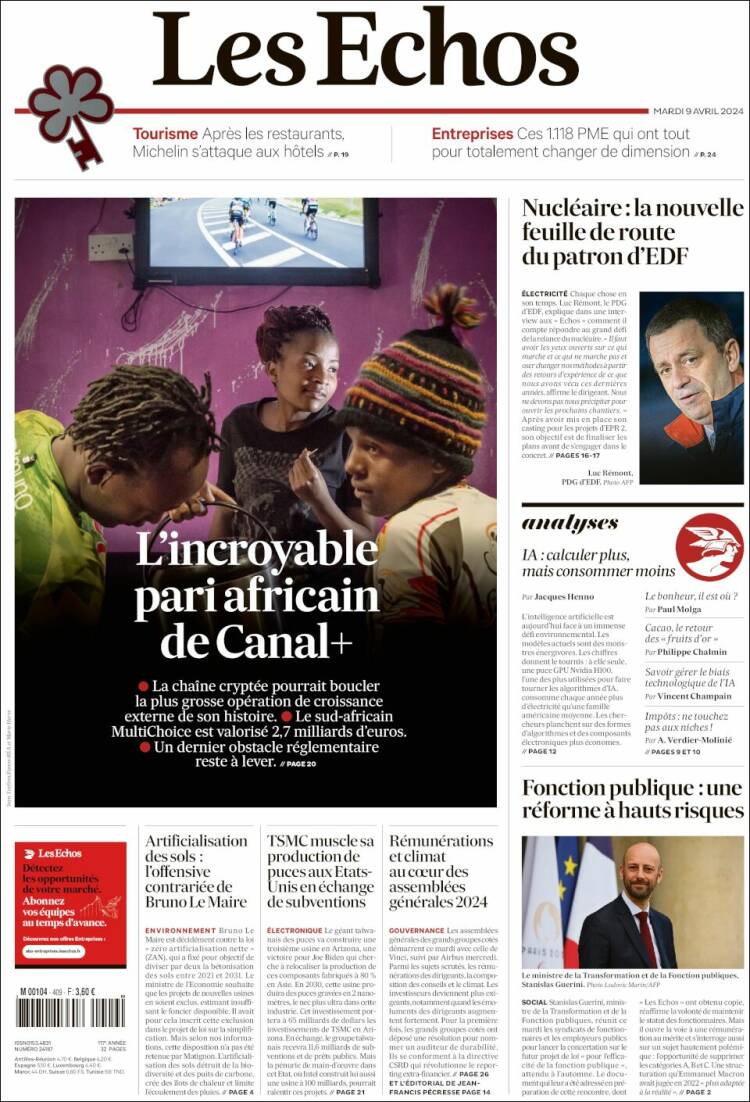 Portada de Les Echos (Francia)