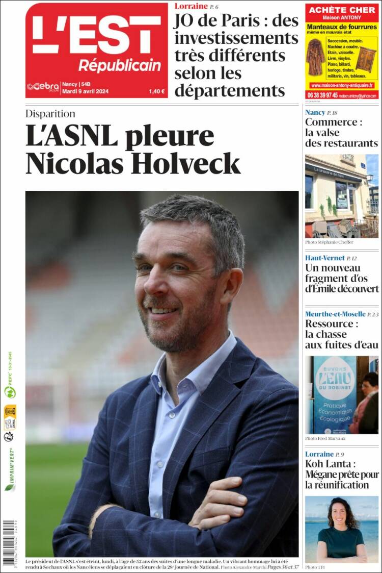 Portada de L'Est Republicain (Francia)