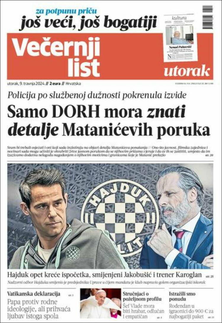 Portada de Večernji (Croacia)