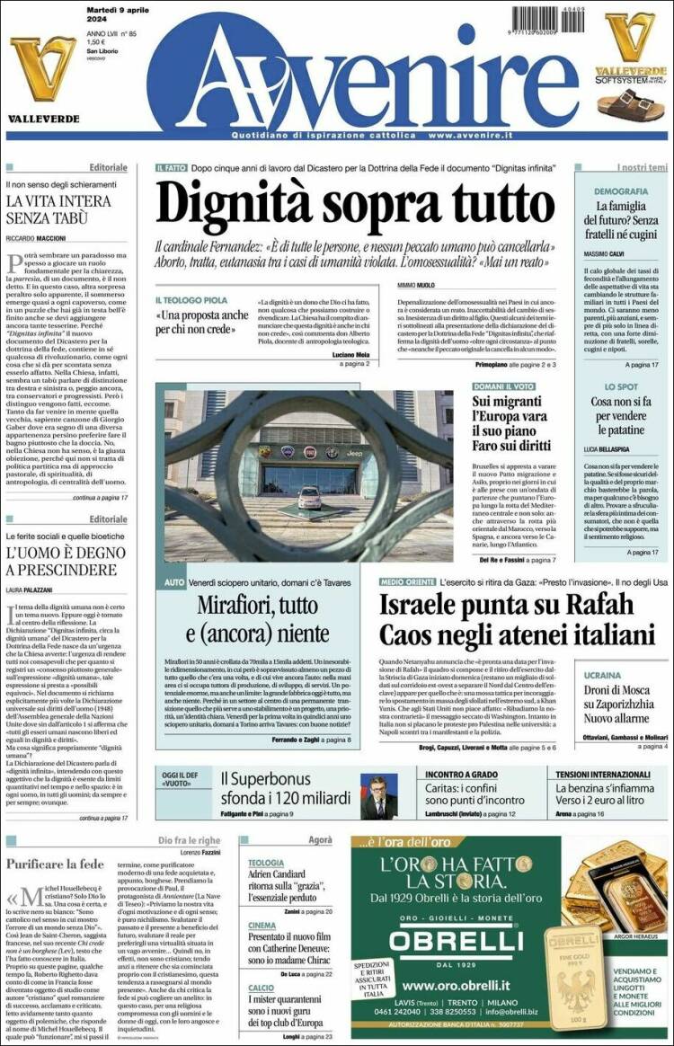 Portada de Avvenire (Italia)