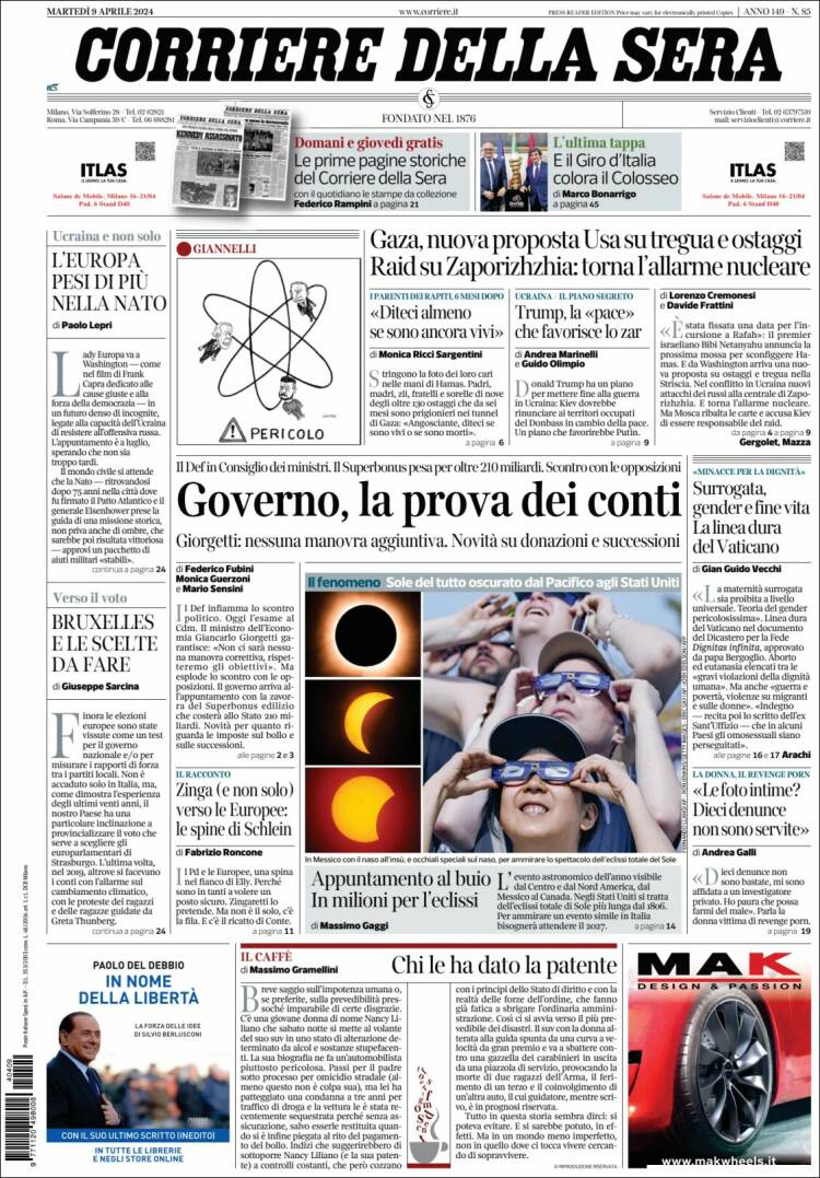 Portada de Corriere della Sera (Italia)