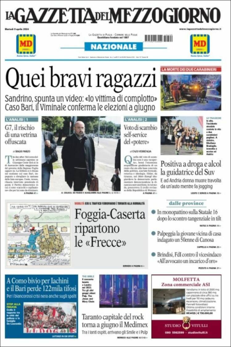 Portada de La Gazzetta del Mezzogiorno (Italia)